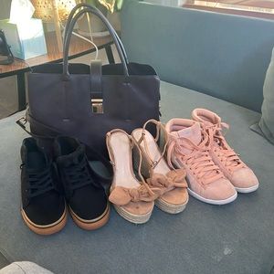 Three pairs of shoes and purse
